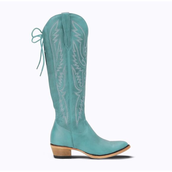 Women Turquoise Polyurethane Over the Knee Adjustable Thigh High Cowgirl Boot - Picture 3 of 5